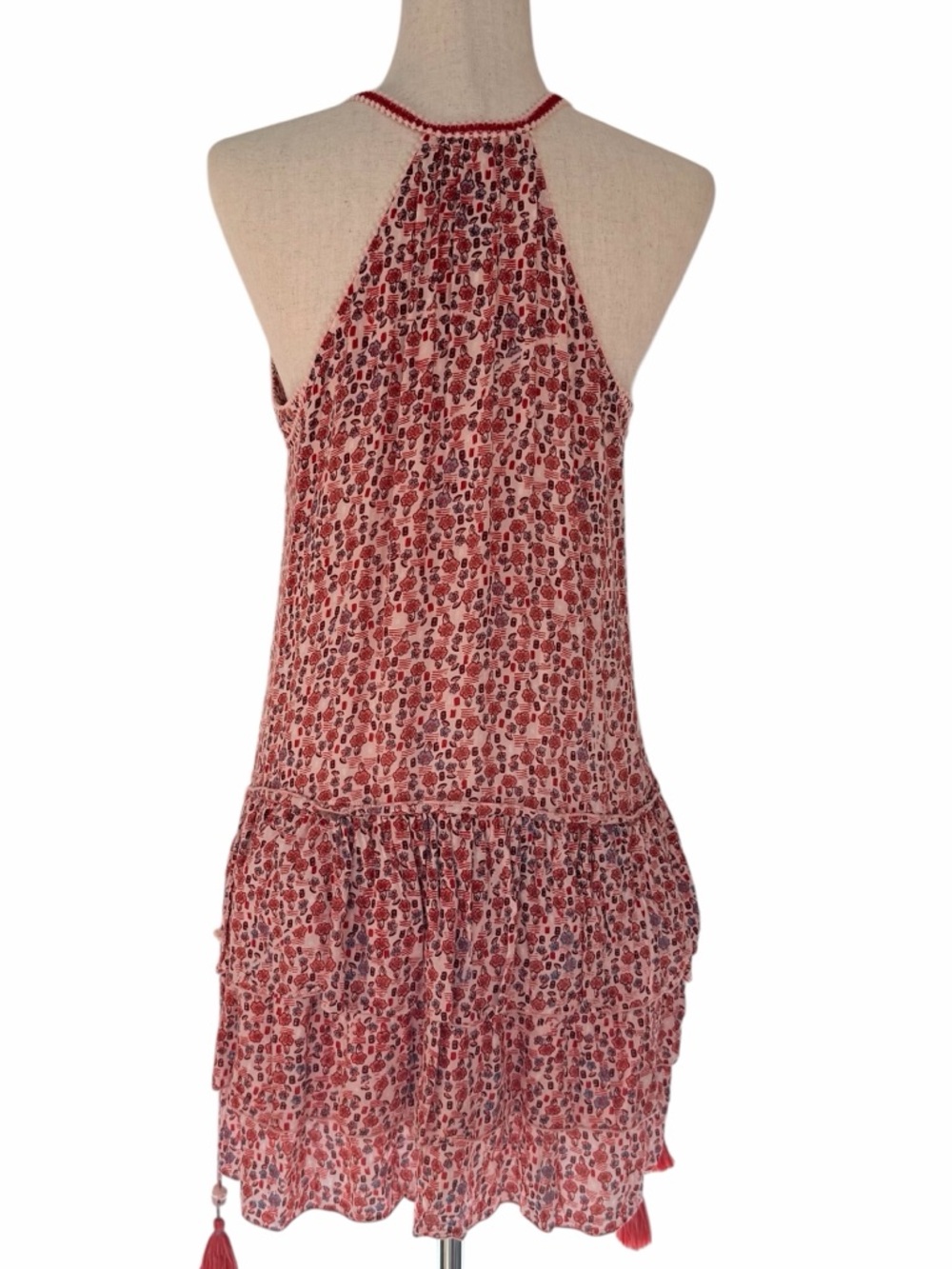 Poupette St. Barth Red Floral Tiered Tassel Mini Dress. M - Picture 2 of 8